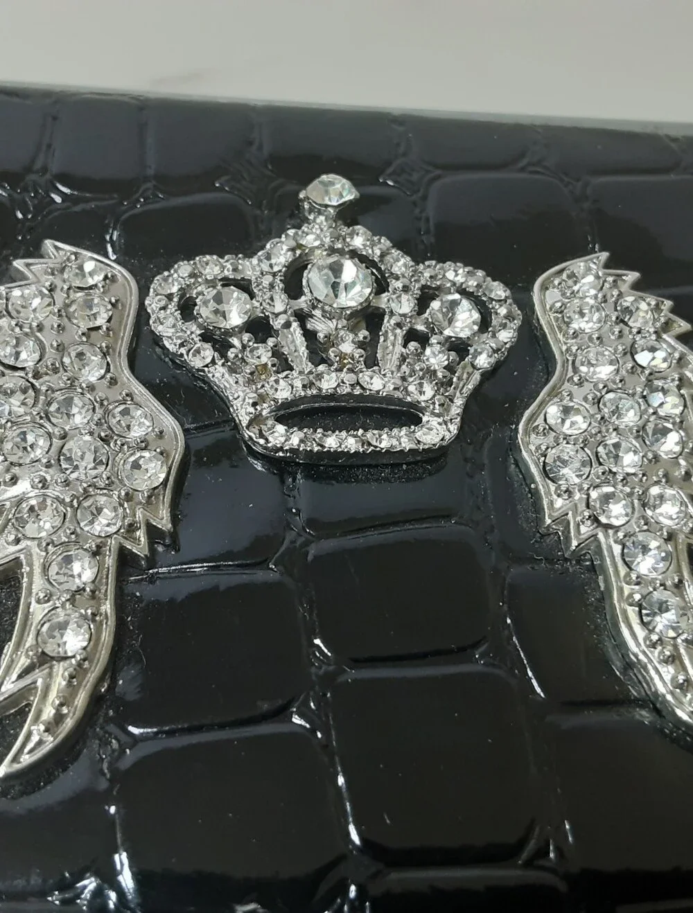 Black Faux Croc Rhinestone Crown Angel Wings Accent Case - Unisex - Vtg